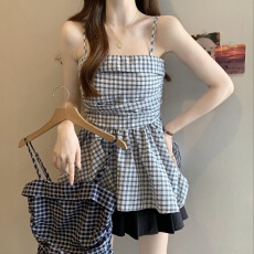 批发大码女装一字肩格子背心女夏季新款不规则褶皱修身抹胸上衣外穿