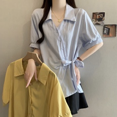 批发超好看V领白色短袖衬衫女2026夏新款大码胖mm绑带收腰不规则上衣