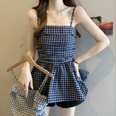 批发大码女装一字肩格子背心女夏季新款不规则褶皱修身抹胸上衣外穿