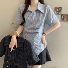 批发大码2026夏新款复古格子衬衫女好看独特气质上衣收腰小众短袖衬衣