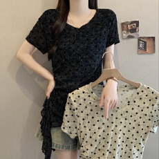 批发卡其色正肩短袖T恤女2026夏新款胖mm洋气减龄小衫不规则上衣