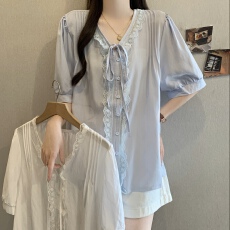 批发大码女装胖mm夏装设计感宽松系带V领短袖雪纺衬衫女气质百搭上衣