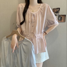 批发大码胖mm法式蕾丝拼接系带短袖衬衫夏季宽松显瘦百搭洋气圆领上衣