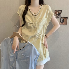 批发设计感V领短袖衬衫女夏季大码胖mm不规则系带收腰上衣遮肚打底衫