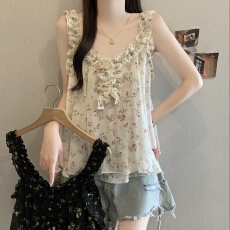 批发大码女装温柔风碎花木耳边吊带女夏新款背心娃娃衫无袖露肩上衣