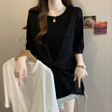 批发假两件蕾丝拼接正肩短袖T恤夏季大码女装胖mm设计感扭结短款上衣