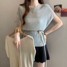 批发大码女装镂空领收腰针织衫女装夏季新款超好看显瘦气质绑带上衣