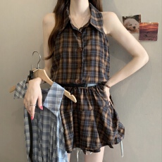 批发大码女装法式复古格纹无袖连衣裙女夏季收腰显瘦辣妹风衬衫裙短裙