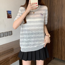 批发条纹刺绣冰丝短袖T恤女夏新款大码宽松显瘦胖MM圆领上衣