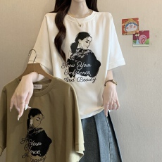 批发大码女装印花圆领短袖T恤女2026新款夏季白色宽松显瘦遮肚上衣