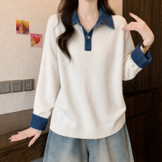 批发<b class='q'>大码</b>女装秋冬巨显瘦穿搭一整套女<b class='q'>大码</b>胖mm牛仔拼接假两件毛衣
