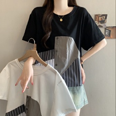 批发大码女装夏季新款拼接T恤女条纹撞色宽松圆领短袖上衣下摆抽绳