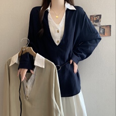 批发配腰带收腰V领长袖衬衫女早<b class='q'>春</b>秋大码胖MM气质显瘦衬衣上衣两件套