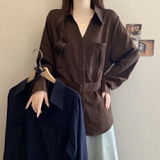 批发设计感V领白色长袖衬衫女秋季大码胖mm系带收腰遮肚子中长款上衣