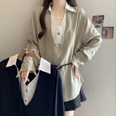 批发配腰带收腰V领长袖衬衫女早<b class='q'>春</b>秋大码胖MM气质显瘦衬衣上衣两件套