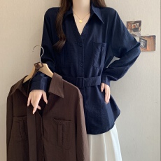 批发设计感V领白色长袖衬衫女秋季大码胖mm系带收腰遮肚子中长款上衣