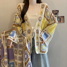 批发波西米亚度假风大码女装慵懒风休闲松弛感镂空钩花针织披肩外套