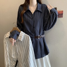 批发藏蓝色条纹V领正肩长袖衬衫女2026秋<b class='q'>冬</b>新款大码胖mm绑带收腰上衣