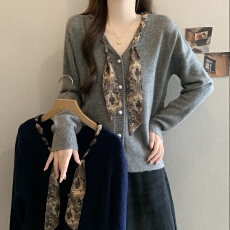 批发大码女装小众设计感碎花领结针织上衣珍珠纽扣宽松减龄长袖开衫