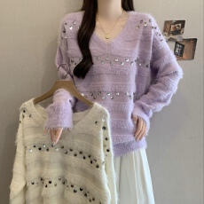 批发微胖女生轻奢重工亮片毛绒针织衫大码宽松遮肚高级感白色V领毛衣