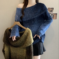 批发胖妹妹美拉德渐变一字肩毛衣大码慵懒风宽松显瘦氛围感针织衫