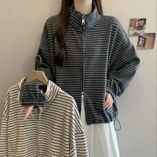 批发胖妹妹韩系横条纹立领上衣大码落肩松紧下摆显瘦百搭休闲拉链外套