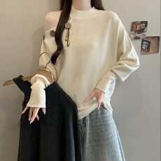 批发<b class='q'>大码</b>女装半高领露肩针织衫微胖mm木扣流苏设计感宽松显瘦毛衣上衣
