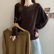 批发<b class='q'>大码</b>女装蕾丝花边领针织衫微胖mm宽松落肩蝙蝠袖温柔遮肉毛衣上衣