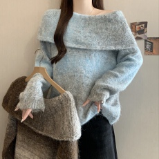 批发<b class='q'>大码</b>女装渐变亮片一字肩毛衣微胖mm翻领慵懒宽松遮肉软糯针织上衣