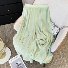 批发实拍国风双层苎麻阔腿裤女夏松紧腰宽松系带休闲飘逸裙裤直筒裤