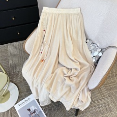 批发实拍国风双层苎麻阔腿裤女夏松紧腰宽松系带休闲飘逸裙裤直筒裤