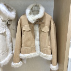 批发LINA-爆款强推复古双色毛氛围感小机车仿皮毛一体加厚加绒短<b class='q'>外套</b>