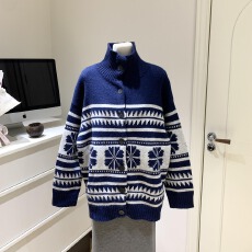 批发SOMETHING100%羊毛藏蓝大雪花复古<b class='q'>毛衣</b><b class='q'>开衫</b>外套