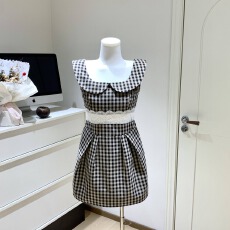 批发Lukira【昭和miu系】娃娃领格子背心连衣裙女春夏<b class='q'>蕾丝</b>边收腰短裙