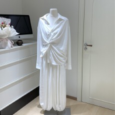 批发JessXu/法式慵懒随性莱赛尔亚麻高级<b class='q'>气质</b>V领扭结衬衫长<b class='q'>裤</b>黑白套<b class='q'>装</b>