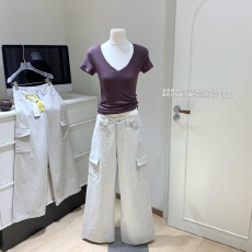 批发蘑糯糯同款 灰白色休闲工装水洗休闲裤慵懒随意有个性女<b class='q'>长裤</b>子