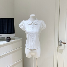批发藤姐同款 GREENBELT夏序天丝收腰白色娃娃领衬衫女泡泡袖<b class='q'>蕾丝</b>拼接