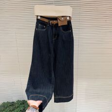 批发复古深蓝色阔腿<b class='q'>牛仔</b>裤<b class='q'>女</b>春秋新款显瘦小个子九分高腰宽松长裤