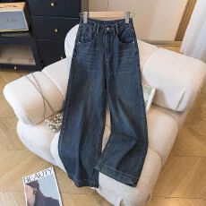 批发复古气质宽松直筒<b class='q'>韩版</b>水洗牛仔裤高腰显瘦百搭休闲宽松阔腿长裤女