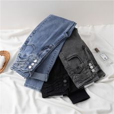 批发三排扣超高腰<b class='q'>弹力</b>牛仔设计感小脚铅笔九分裤女2026春季新款修身