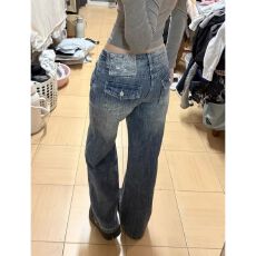 批发美式重工扎花绣标阔腿牛仔裤女2026春夏新款直筒裤<b class='q'>高腰</b>显瘦拖地裤