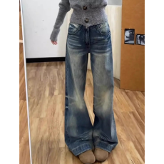 美式深蓝色设计感渐变猫咪纹牛仔裤女春秋梨型身材粗腿宽胯阔腿裤