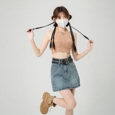 批发美式<b class='q'>复古</b>高腰牛仔半身裙女夏季新款辣妹小个子a字包臀短裙-送腰带