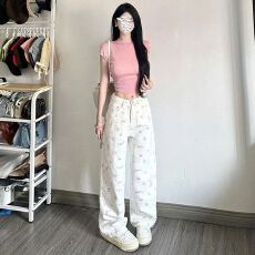 批发高腰<b class='q'>牛仔裤</b>夏季直筒白色碎花设计2026阔腿新款宽松拖地长裤