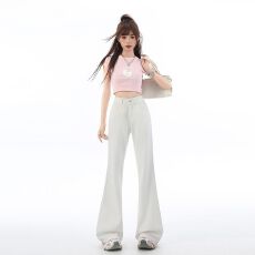 批发三防白色竹节牛仔<b class='q'>裤</b>女美式喇叭肌理感YKK拉链春夏垂感显瘦阔腿<b class='q'>裤</b>