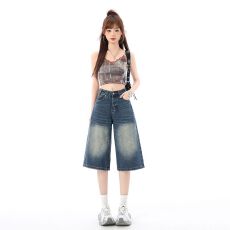 批发美式复古水洗做旧七分牛仔短<b class='q'>裤</b>女夏2026新款<b class='q'>宽松</b>百搭廓形阔腿中<b class='q'>裤</b>