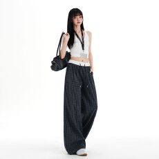 批发美式格子<b class='q'>裤</b>松弛感运动休闲<b class='q'>裤</b>女2026夏季<b class='q'>宽松</b>直筒慵懒阔腿遛弯<b class='q'>裤</b>子