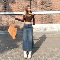批发美式复古牛仔<b class='q'>半身裙</b>女2026春秋季高腰显瘦开衩大裙摆拼接a字中长