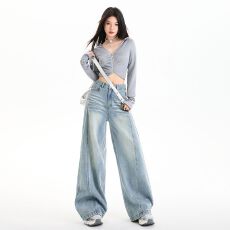 批发美式高街阔腿<b class='q'>牛仔裤</b>女2025秋季新品高腰慵懒松驰垂感直筒拖地裤子