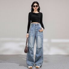 批发美式复古阔腿<b class='q'>牛仔裤</b>女2025新款机甲风高腰显瘦宽松慵懒风拖地裤子